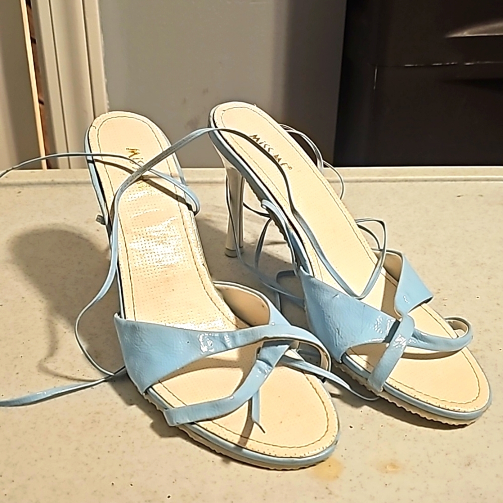 New "Kiss Me" Designer Lt. Blue Patent Sandals, Long Ankle/Leg Wrap Around Strap